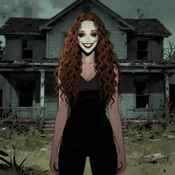 artgerm, joshua middleton comic cover art, pretty full body serial killer maika monroe creepy smiling, symmetrical eyes, symmetrical face, long curly brown hair, standing in front of an abandoned house background