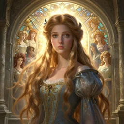 highly detailed portrait of a princess with long hairs, a sculpted stone window in the background, stephen bliss, unreal engine, fantasy art by greg rutkowski, loish, rhads, ferdinand knab, makoto shinkai and lois van baarle, ilya kuvshinov, rossdraws, tom bagshaw, alphonse mucha, global illumination, radiant light, detailed and intricate environment