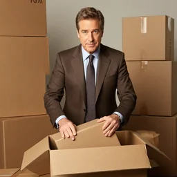 andy richter wearing a brown suit and necktie packing things into a nox, cardboard boxes surrounding him