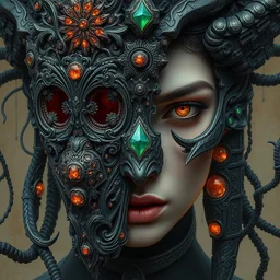 woman portrait, face, wearing a carved mask with tiny mineral incrustations, godness, ethereal, mech, evil, elements, baroque, rococo, ink, tarot card enviromet, cinematics lights, detailed, intricate illustration, octane render, fractal, fine art by marc simonetti & peter mohrbacher