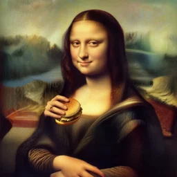 mona lisa eating a hamburger, detailed, cinematic, artwork by claude monet