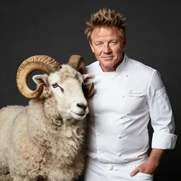 portrait of chef! gordon ramsay! as a ram sheep with horns and wool