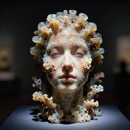 realistic photo of a blurred face of a girl, covered in shriveling dead semi - translucent iridescent coral reef, emitting aura, in a dark room with a spotlight shining on him 1 9 6 0, life magazine photo, natural colors, metropolitan museum, kodak, 8 k, very detailed, high resolution, product photo,