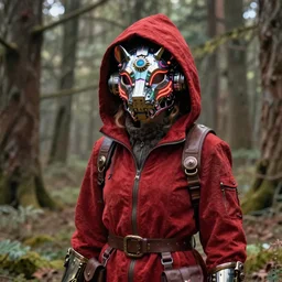 mystical monsters in forest hunting on gamekeeper - red ridding hood. she wearing a steampunk and neonpunk mechanical fluorescent mystical animal masks. realistic fornite style. full body. product introduction photos. luminescent, elements, by stanley artgerm lau. epic cinematic shot, perfectly defined features, ambient occlusion