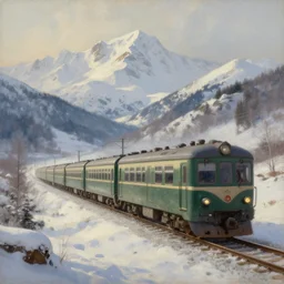 train between snowy mountains. gouache fairytale art, russian romanticism, muted palette, backlighting, depth of field