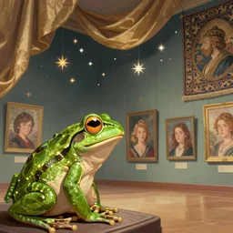 sketch of a frog looking at image portraits on museum walls with stars and hanging silk drapery and tapestries, light dust, magnificent, close up, sharp focus, elegant, highly detailed, illustration, by jordan grimmer greg rutkowski wlop maya takamura, intricate, trending artstation, pixiv, digital art