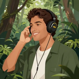 gonzalo pizarro listening music with headphones and a yellow walkman in the jungle, poster art by daniele caruso, benediktus budi, jason edmiston, vc johnson, powell peralta, volumetric light, foggy ambience
