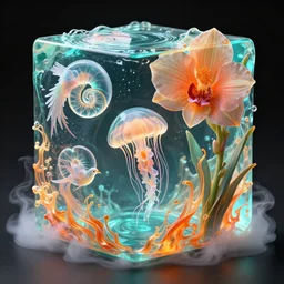 3 d close - up swirly cubic automata! with translucent nautilus jellyfish phoenix bird and giant orchid flower and giant gladiola surrounded by smoke and water fire energy flow, highly detailed. octane render, excellent composition, by wlop, tooth wu, greg rutkowski, beeple. teal and orange