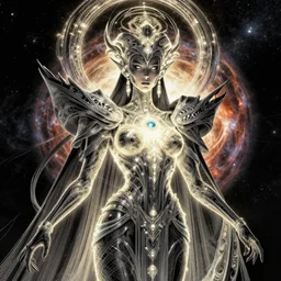 portrait of the powerful empress of the solar system in the style of charlie bowater and in the style of h. r. giger. glowing, ornate and intricate linework, stunning, dynamic lighting, ultrafine and hyperdetailed.
