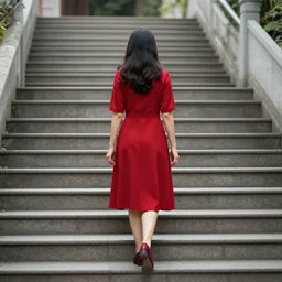 a girl in a red dress walking up stairs