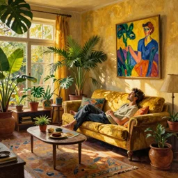A cozy, warm living room, bathed in golden light, with many tropical plants and eclectic furniture, a figure rests on an old couch, highly relaxed, sunday afternoon, living the good life, at peace, golden ratio, fauvisme, art du XIXe siècle,  figurative oil on canvas by Albert Marquet, André Derain, Auguste Herbin, Louis Valtat, Musée d'Orsay catalogue
