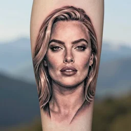 creative double exposure effect tattoo design sketch of margot robbie face faded in beautiful mountain scenery, realism tattoo, in the style of matteo pasqualin, amazing detail, sharp