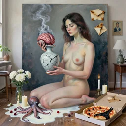 a portrait in a female artist's apartment, organic, a woman holding a smouldering brain, cracked japanese pottery vase, sensual, smokey burnt envelopes, candles, white flowers, puddle of milk, octopus, squashed berries, pizza box, pancakes, black underwear, neo - expressionism, surrealism, acrylic and spray paint and oilstick on canvas
