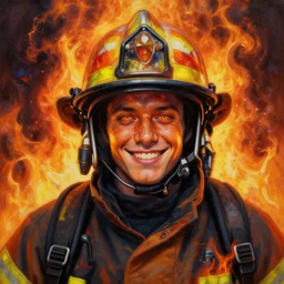 a hyper realistic painting of a young fire - man, all face covered with a fire, fire all around him, coherent symmetrical eyes, cunning smile, by jeffrey smith, by andrea kowch, by steve henderson, masterpiece, trending on artstation,