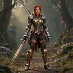 full body photo of a fantasy steampunk female warrior