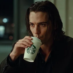 a close - up, color cinema film still of a marlin monroe drinking coffee at a starbucks, ambient lighting at night, from matrix ( 1 9 9 9 ).