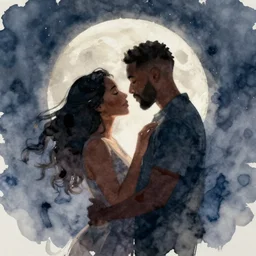 a beautiful watercolor painting of a black couple in love, full moon, digital painting, artstation, concept art, lighting by delphin enjolras, smooth, dynamic lighting