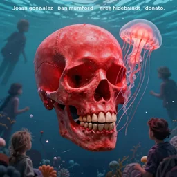 a glowing red skull in the sea held by a jellyfish by josan gonzalez and dan mumford and greg hildebrandt and donato giancola and raymond swanland and ross tran and chiho aoshima, highly detailed, high contrast, pop art, comic shading, intricate details, blended palette