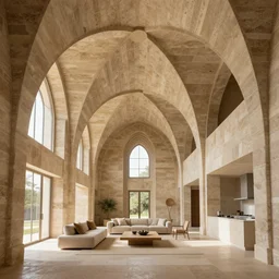 inside organic home made of carved sandstone. tall vaults, thin columns. very tall living room and kitchen. architectural photography. coronarender, 4 k, 8 k. volumetric lighting.