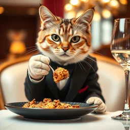 a high quality closeup shot of a cat wearing a suit eating a plate of cat food at a fancy restaurant