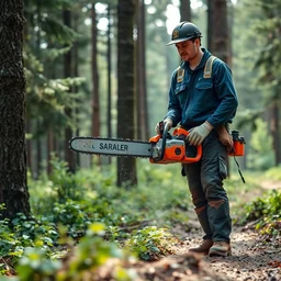 a worker holding a chainsaw in the forest.