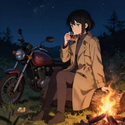 An anime girl by WLOP with short black hair and green eyes in a tan trenchcoat sitting on a log and drinking tea by the campfire by her motorcycle at night under the stars, evocative, mystical night, very very very very detailed, award winning, aesthetic octane render, masterpiece digital painting by Greg Rutkowski, Alex Grey, artstation, 4k wallpaper