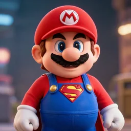 portrait of super mario super mario as superman in man of steel, mario hat with superman s, movie still, cinematic lighting, ray tracing, octane render, long lens, shallow depth of field, bokeh, anamorphic lens flare, 8 k, hyper detailed, 3 5 mm film grain
