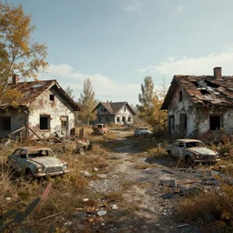 low wide angle shot of dilapidated fallout 5 europa, retro futuristic overgrown euro rural town, desolate, dilapidated houses, few rusted retro futuristic vintage parked vehicles like cars, volumetric lighting, photorealistic, daytime, autumn, cold sunny weather, sharp focus, ultra detailed, 4 1 0 0 k