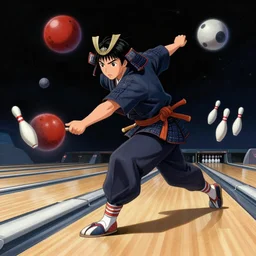 A japanese samurai playing bowling in space, floating pins, amazing detail, digital drawing, artstaion