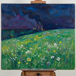 painting at his easel on a hill in a blooming meadow ; at horizon, toxic dark fumes from a factory. night with fireflies, vivid iridescent colors. agnes pelton, egon schiele, henri de toulouse - lautrec, utamaro, monet