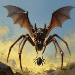 The spider plays with a bat, highly detailed, digital painting, artstation, concept art, smooth, detailed rusty armor, sharp focus, dystopian, cinematic, videogame cover art, illustration, fantasy, blue and yellow color theme, art by Artgerm and Greg Rutkowski and Alphonse Mucha