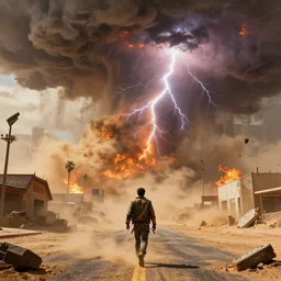 back view on a man in jacket crossing las vegas's street in the distance in mad max, huge sandstorm, huge lightning, tornado, fire and ashes, debris, destruction, hyperdetailed, artstation, cgsociety, 8 k