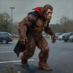 extremely photo realistic painting of dracula stalking bigfoot in a parking lot.
