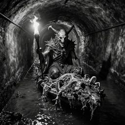 b & w inks baphomet in sewage tunnels with primitive flesh raft, of rotten flesh, syd mead, enric torres, hyper realism, narrative light, muted colors, epic, hyper detailed, awe inspiring, award winning horror, torch lighting, hyper realism, cinematical