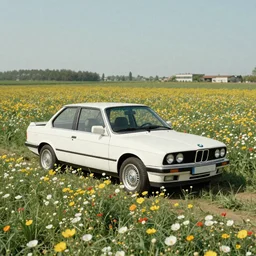 a white bmw e30 parked in a flower field, wes anderson film, zoomed out, wide shot, panorama, hi res, 4k, high detail