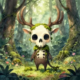 cute forest spirit standing in the woods, skull, branch antlers, moss, vines and flowers, high detail, cinematic lighting, anime, manga, watercolor,