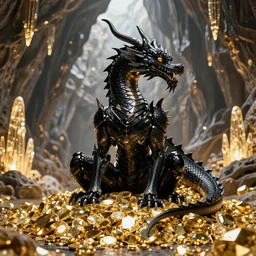 a black cyborg dragon sits on a large pile of gold and gems in a cave with luminous stalactites, big eyes with cilia and dripping saliva, vivid color, highly detailed, digital painting, artstation, concept art, matte, sharp focus, realistic