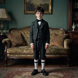 detailed cinematic moody colors studio portrait of a victorian kid with short dark hair in a victorian living room, high quality by jeremy mann, only one full body single portrait