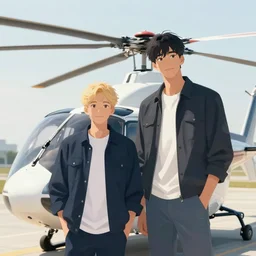 blonde swedish guy and tall korean guy in front or robinson r 4 4 helicopter
