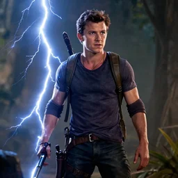 tom holland as nathan drake from uncharted, cinematic lightning