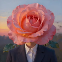 closeup, huge rose flower as a head, frontal, a girl in a suit, surreal photography, sunrise, dramatic light, impressionist painting, digital painting, artstation, simon stalenhag
