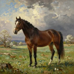 detailed wide shot of horse in the field, spring light, painting by gaston bussiere, craig mullins, j. c. leyendecker