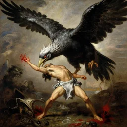 epic fantasy painting of a japanese man wearing a small loincloth and decapitating a giant roc. blood splatter. baroque. exquisite. in the style of