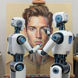 robot artist painting a self - portrait on a canvas. intricate, highly detailed, digital matte painting, in the style of sachin teng, and in the style of gil elvgren. irony, recursion, inspiration.