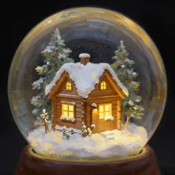 a tiny wooden cottage with warm lights in the snow inside a snowglobe, beautiful warm oil painting with black background.