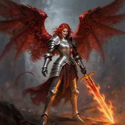fantasy concept art, ( ( winged ) ) ( red hair woman ) ( flaming sword ) ( ( ( plate armor ) ) ) ( ( ( ( devilish smile ) ) ) ), 4 k, painting