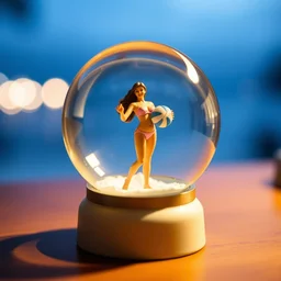 snow globe on mantel has a trapped female beach volleyball player in bikini holding ball inside, depth of field, bokeh, backlit