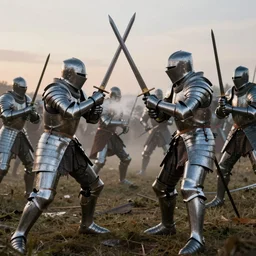 knights in polished armor swinging swords in battle, fear, anger, hate, fighting, field, wet, dawn, breath, cold, hyper realistic, high octane, hyper detailed, cinematic, wide angle, 8 k w 1 2 0 0