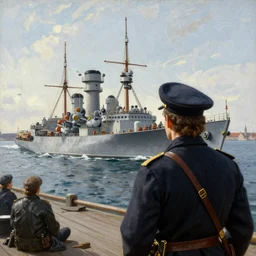 detailed cinematic wide shot of swedish sea captain back view seeing his world war 2 battle ship attacking denmark, ultra realistic, spring light, painting by gaston bussiere, craig mullins, j. c. leyendecker
