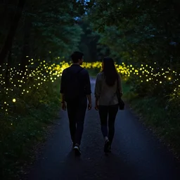 couple walking down the street surrounded by fireflies, cinematic lighting, wow, establishing shot